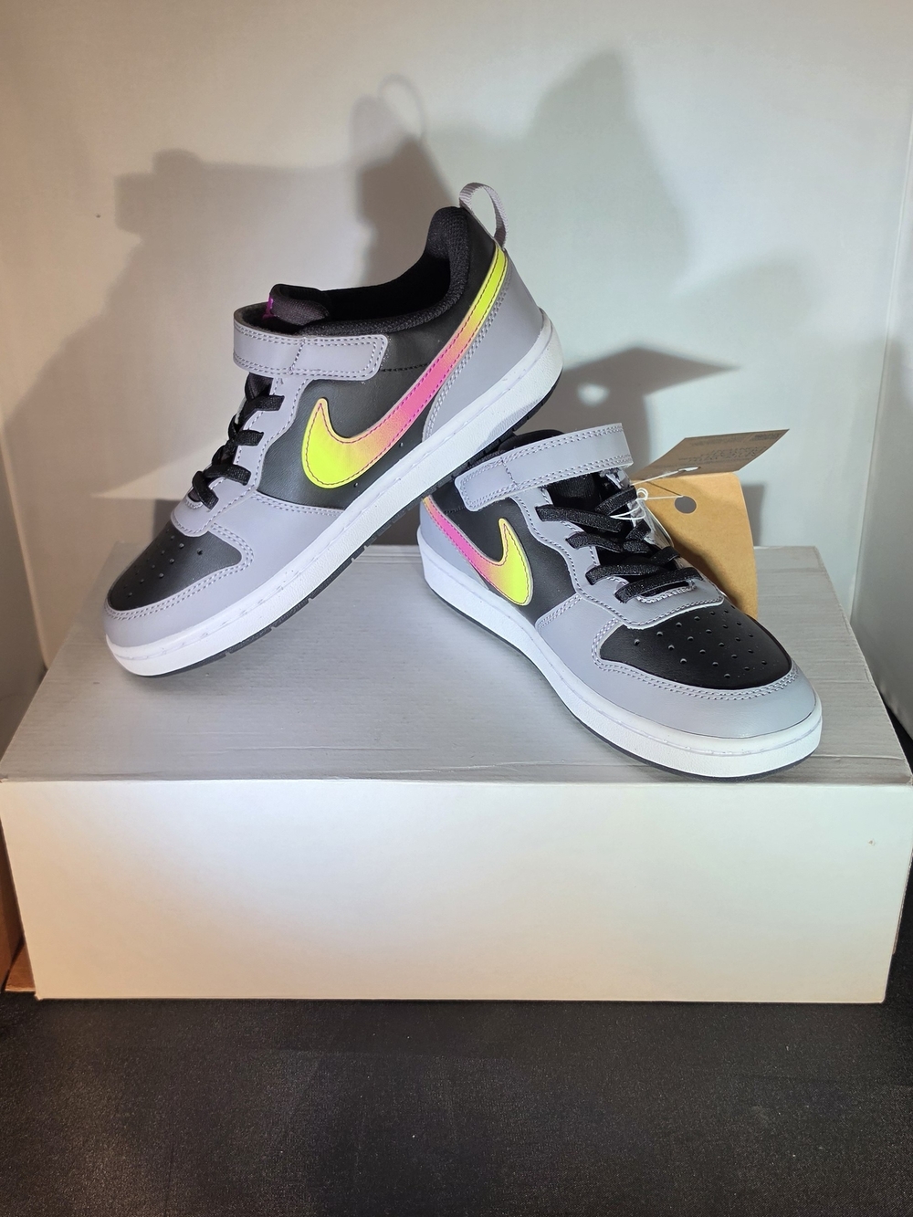 Nike Kids Gray Black Sneakers with Neon Yellow-Pink Gradient Swoosh
